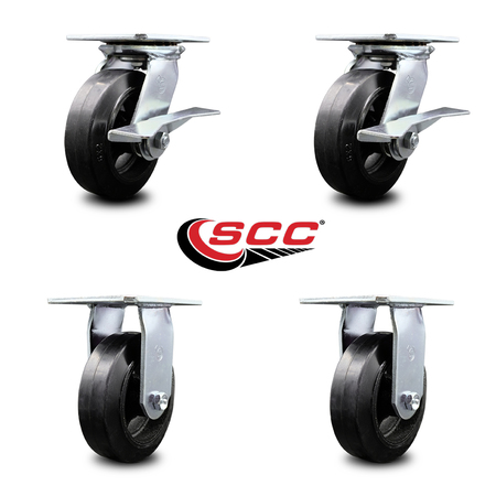 Service Caster 6 Inch Rubber on Steel Caster Set with Roller Bearing 2 Brakes and 2 Rigid SCC SCC-35S620-RSR-SLB-2-R-2
